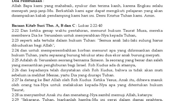 Kalender Liturgi 2 Februari 2026: Pesta Persembahan Yesus di Bait Allah